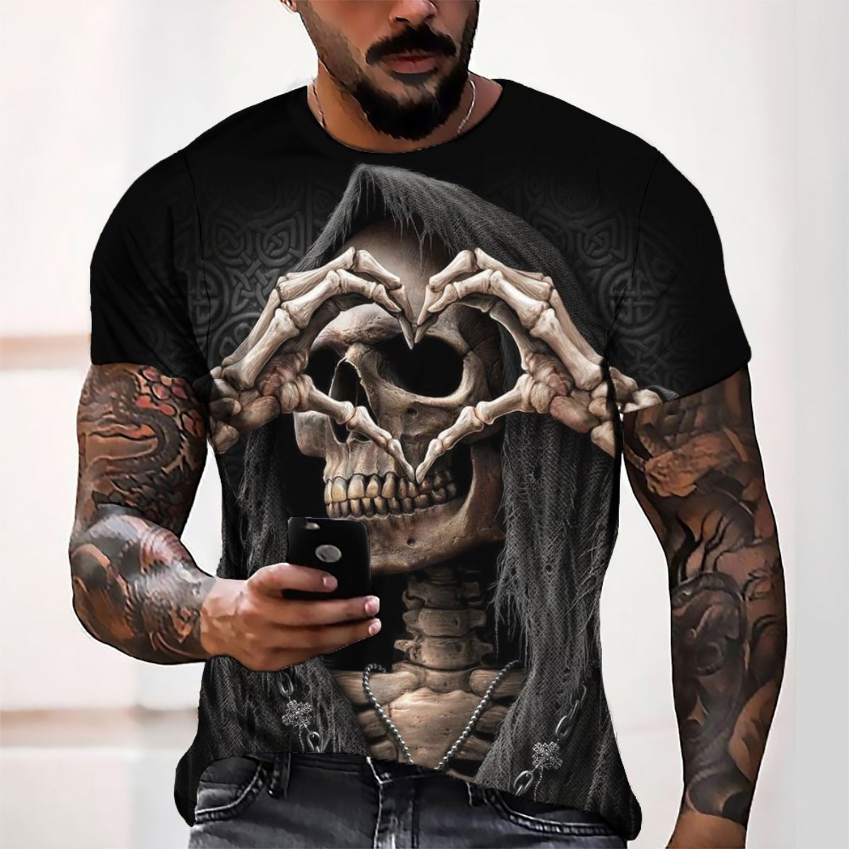 3D Digital Printing Skull Heart Skull Men's Casual Loose Short Sleeve T-shirt