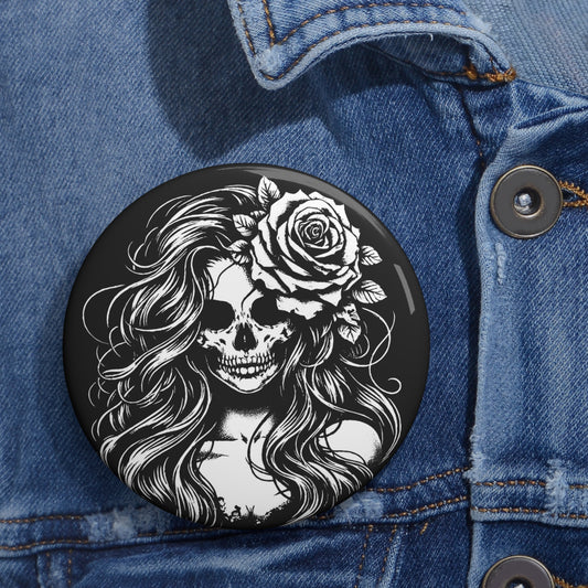 Custom Skull Lady Beautiful Pin Button Beautiful Rose