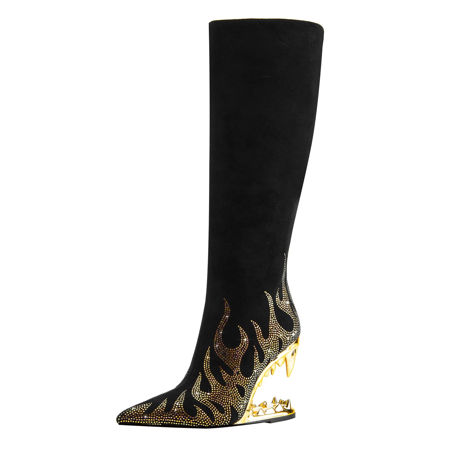 American Punk Goth Style Tiger Tooth Profiled Heel Skinny Stretch Boots Rhinestone Flame