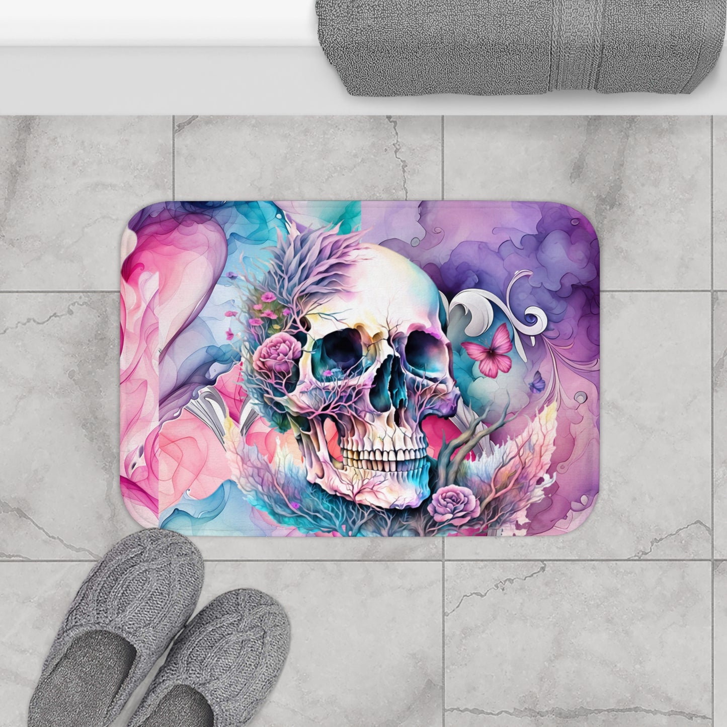 Beautiful Skull Watercolor Bathmat -Girlie