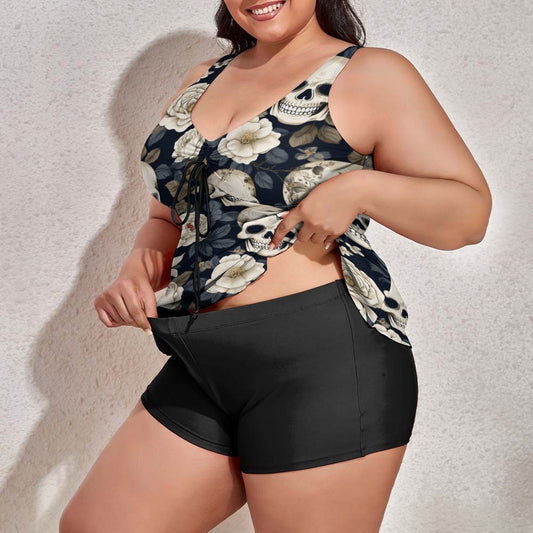 Plus Size Skulls and Roses Split Swimsuit