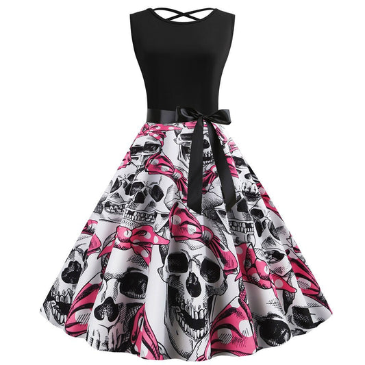 Halloween sleeveless print dress Skulls and Roses