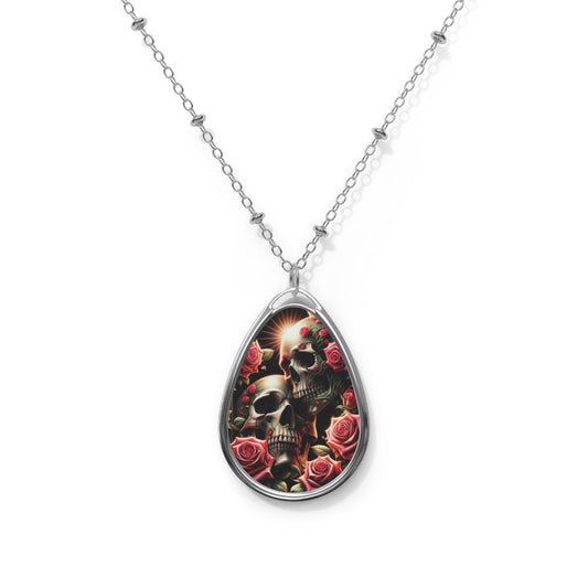 Skulls and Roses Design One Oval Necklace