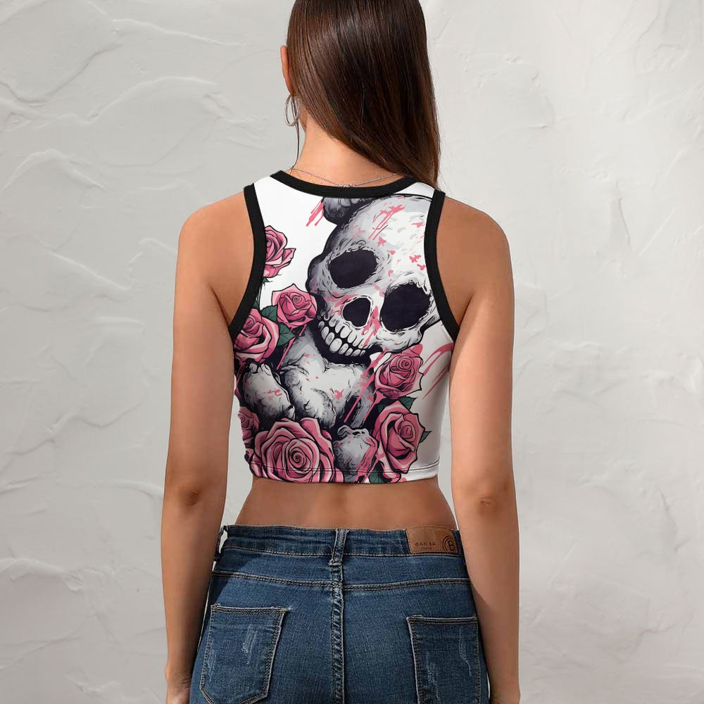 Women's Cropped Slim Racer Tank Top Pink Roses (Matching Skort Also Available)