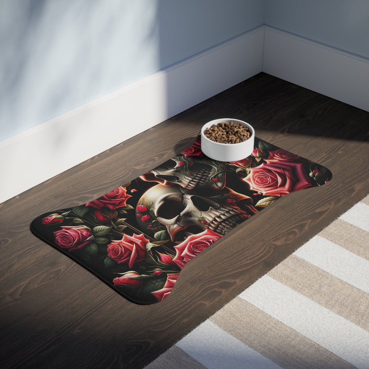 Beautiful Skulls and Roses Dog Food Mat