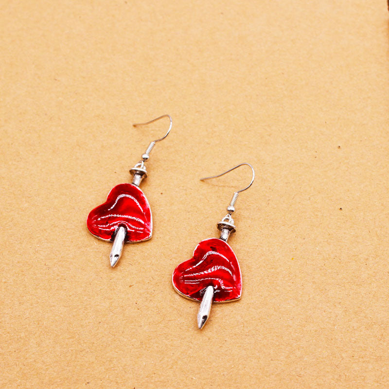 Diablo Goth Jewelry Wounded Heart Red Oil Drop Earrings Broken Heart