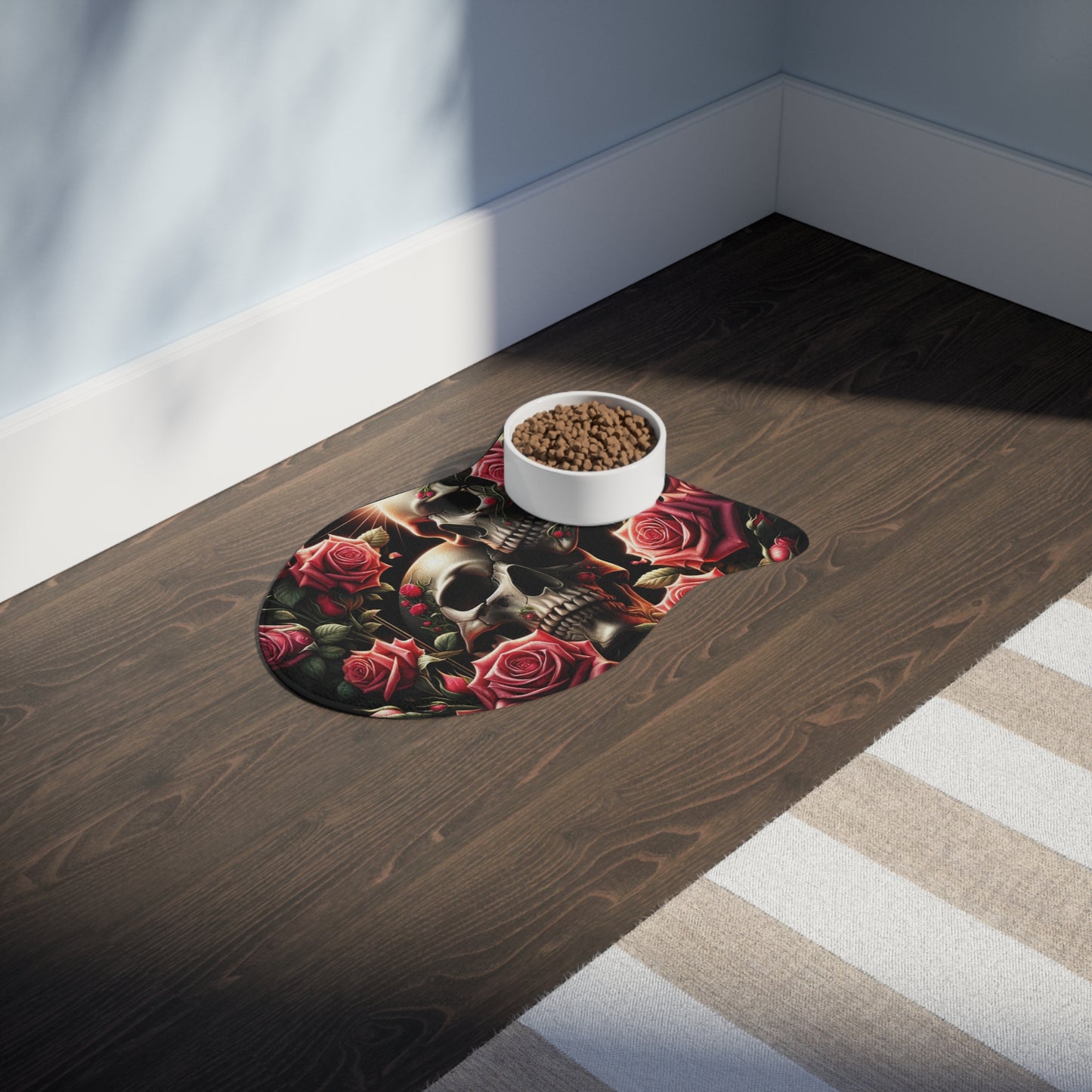 Beautiful Skulls and Roses Dog Food Mat