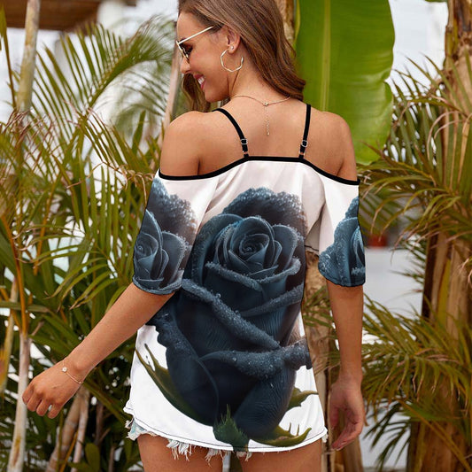 Casual Ladies Off Shoulder Sling Short Sleeve Top Bleeding Roses 3D