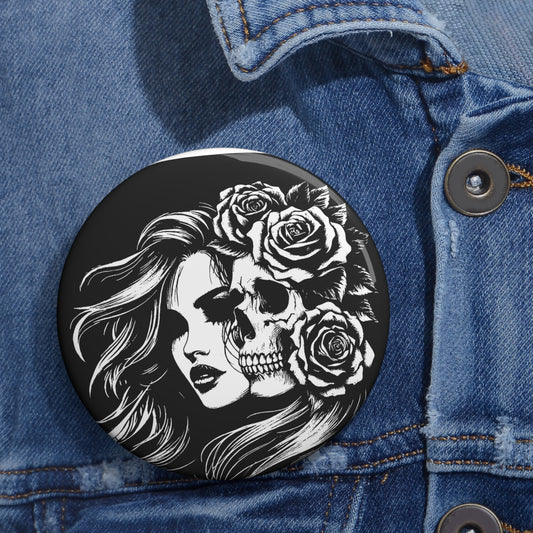 Custom Skull and Lady Black and White Pin