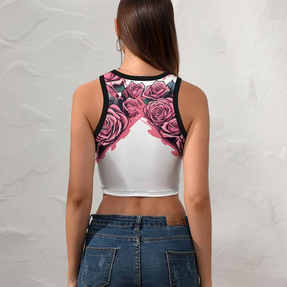 Women's Cropped Slim Racer Tank Top Pink Roses (Matching Skort Also Available)