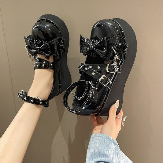 Women's Bow Chain Rivet British Style Small Leather Shoes Punkie Goth Raver