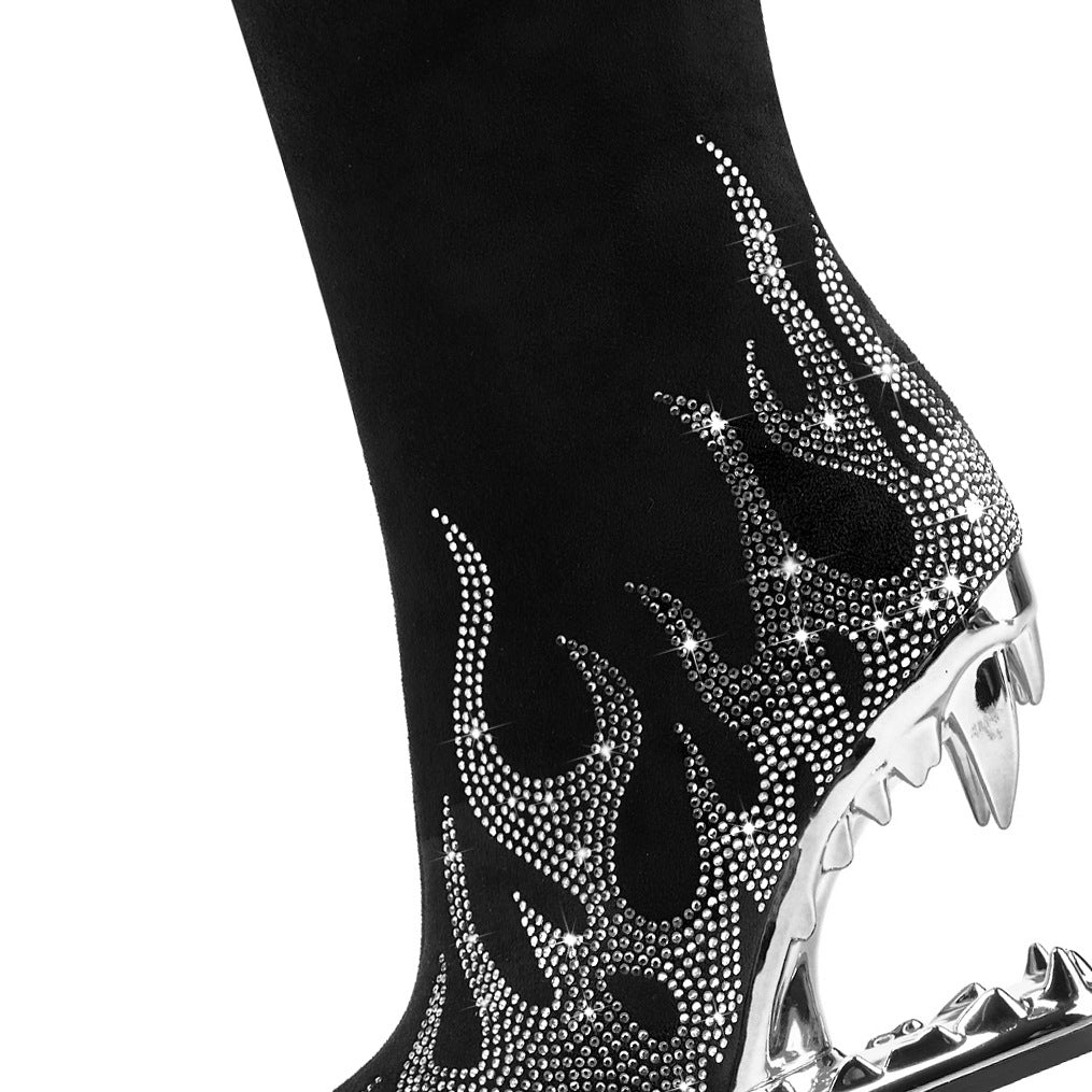 American Punk Goth Style Tiger Tooth Profiled Heel Skinny Stretch Boots Rhinestone Flame