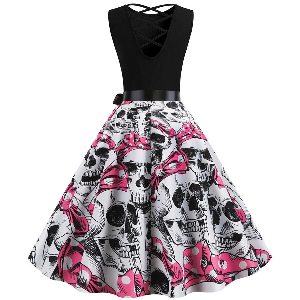 Halloween sleeveless print dress Skulls and Roses