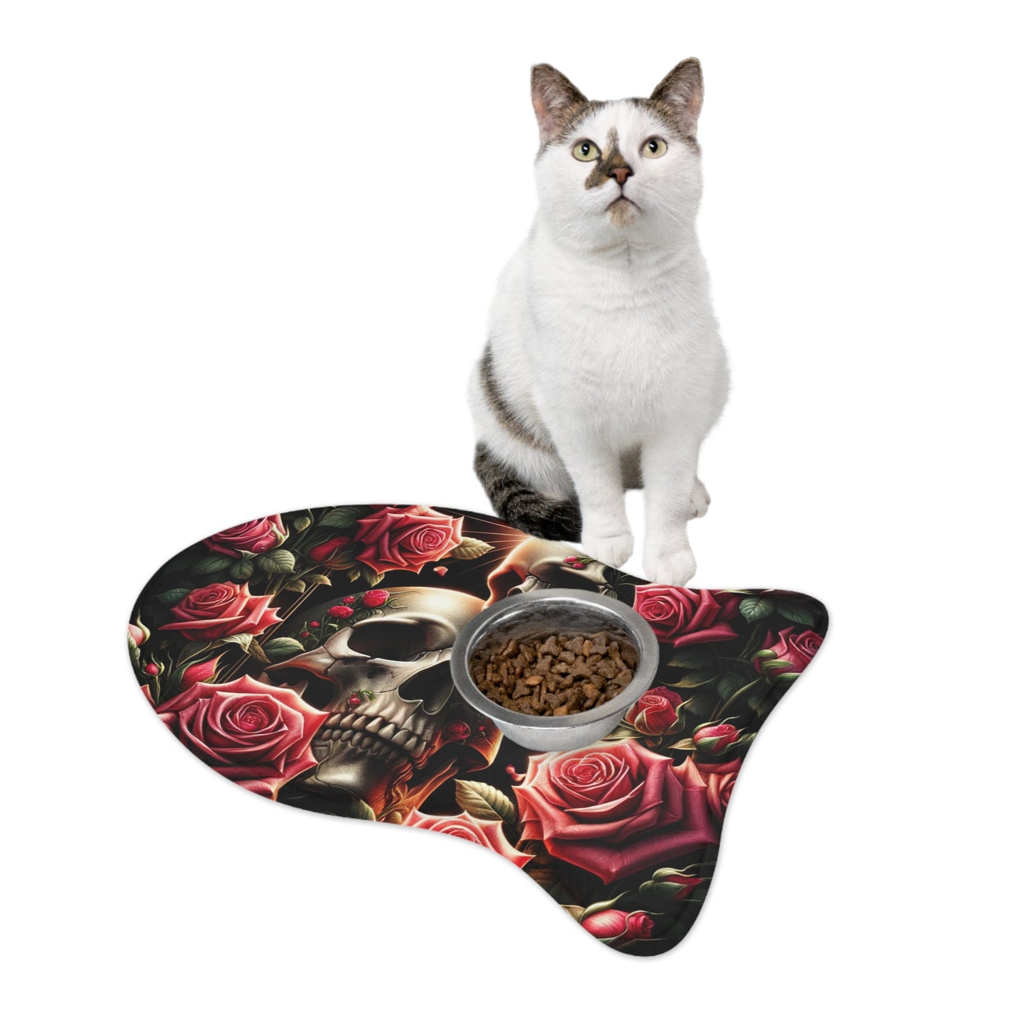 Beautiful Skulls and Roses Dog Food Mat