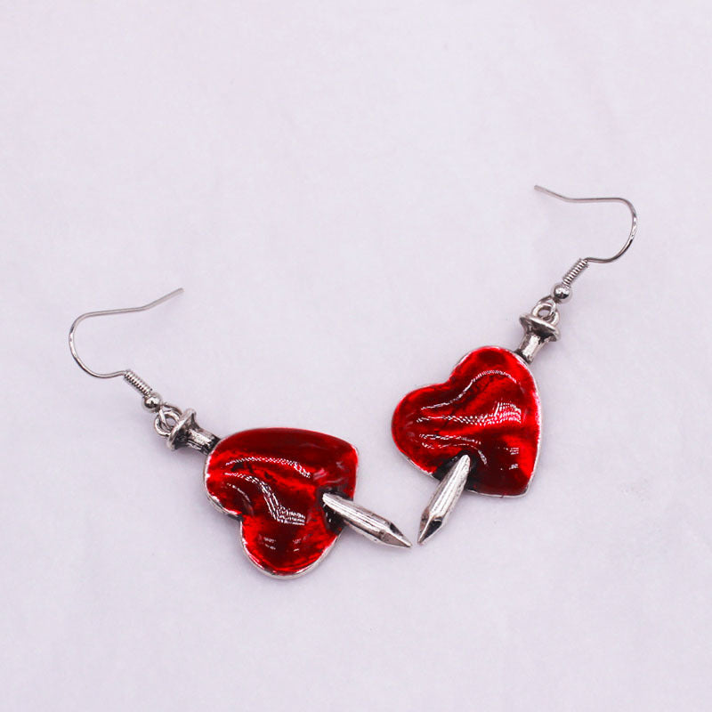 Diablo Goth Jewelry Wounded Heart Red Oil Drop Earrings Broken Heart