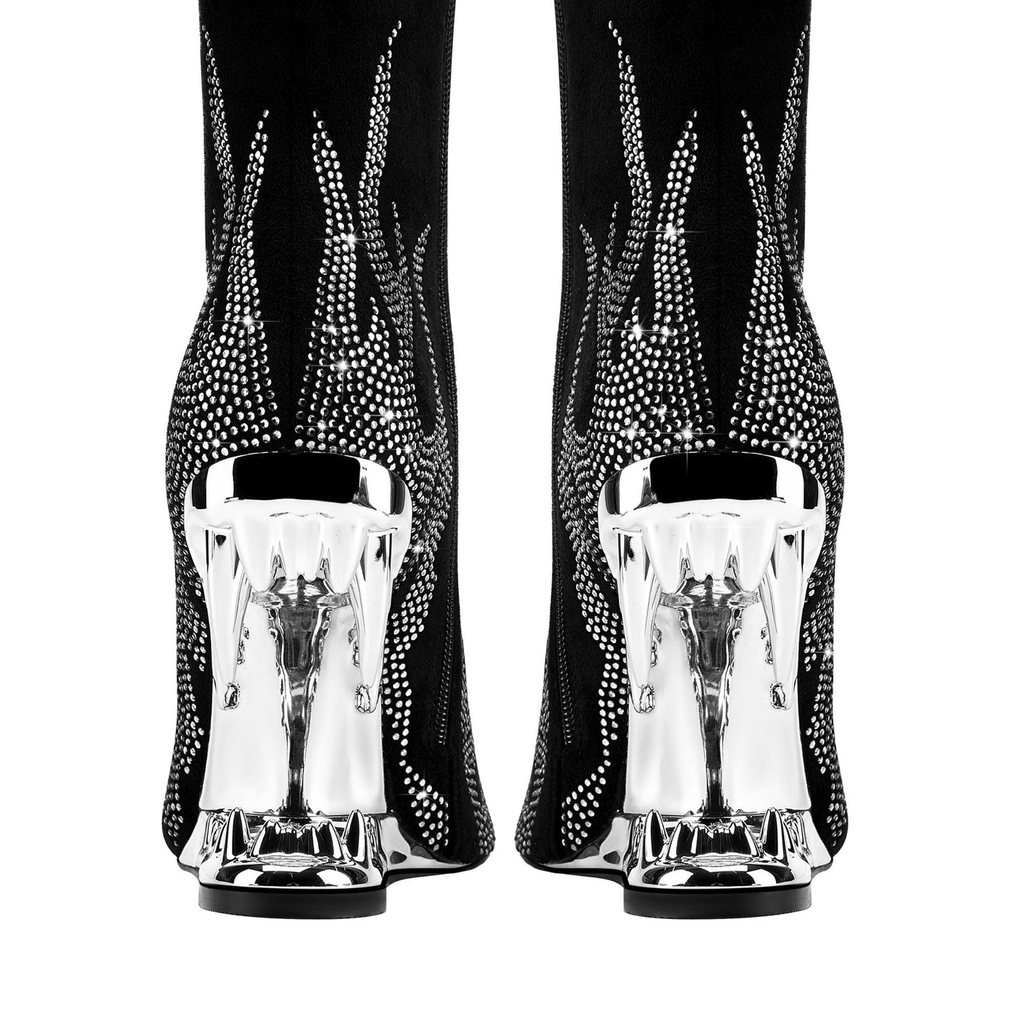 American Punk Goth Style Tiger Tooth Profiled Heel Skinny Stretch Boots Rhinestone Flame